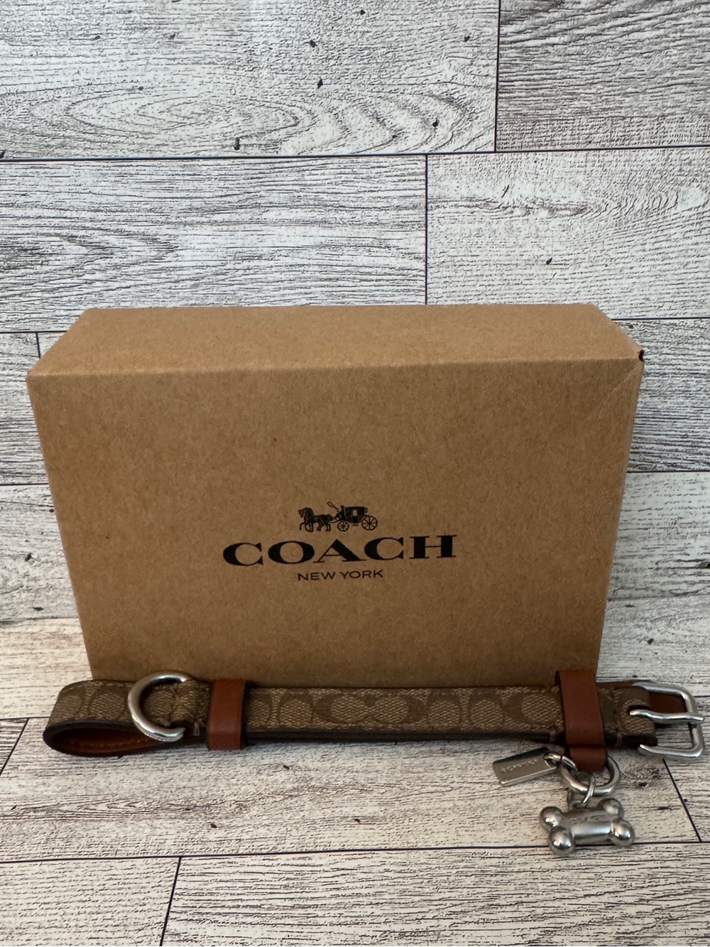 COACH Brown Signature Canvas Leather Dog Collar with Charms